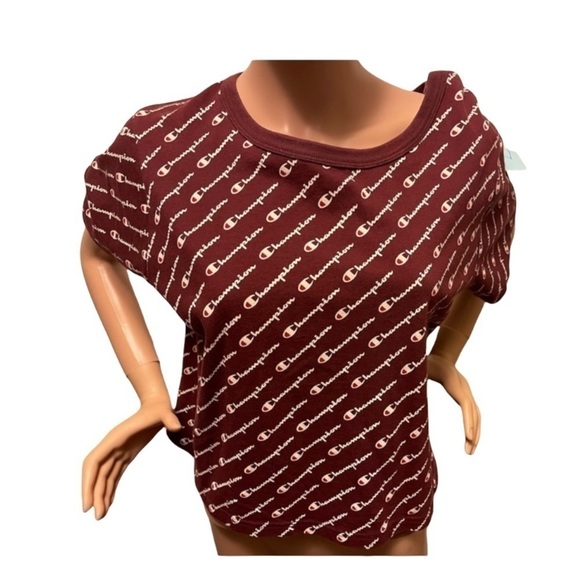Champion Tops - 𝅺champion Heritage T Shirt Maroon All Over Spell Out Print Size XL
